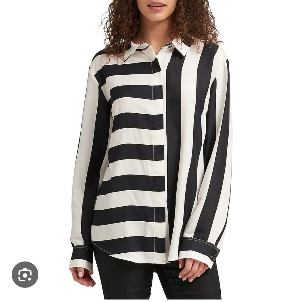 DKNY Black and White Boxy Button Down Shirt